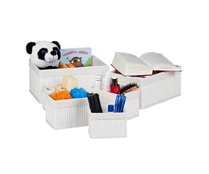 Relaxdays Set of 6 Bamboo Storage Baskets, Various Sizes, Shelves Organiser, Fabric Cover, Square, Decorative, White