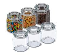 Relaxdays Set of 6, Jars, Airtight Lids, 1300ml, Dry Food Storage, HWD: 14.5x13.5x13.5 cm, Glass, Transparent, 14.5 x 13.5 x 13.5 cm