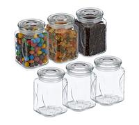 Relaxdays Set of 6, Jars, Airtight Lids, 750ml Each, Dry Food Storage, HWD: 14.5x9.5x9.5 cm, Glass, Transparent, 14.5 x 9.5 x 9.5 cm