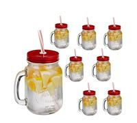 Relaxdays Set of 8 Drinking Glasses, Lids and Straws, 500 ml, Summer, Lemonade Mason Jars with Handle, Transparent/Red