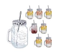 Relaxdays Set of 8 Drinking Glasses, Lids and Straws, Checkered, 500 ml, Summer, Lemonade Jars with Handle, Black/White, 13.5 x 11 x 8 cm