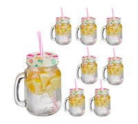 Relaxdays Set of 8 Drinking Glasses, Lids & Straws, Fruit and Flamingo Motif, 500ml, Summer, Jars with Handle, Colourful