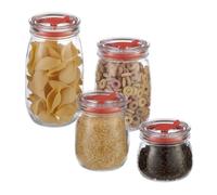 Relaxdays Storage, Set of 4, airtight lid, Straw Opening, Cookie, Cereal, Pickling jar, Glass, Transparent, 21 x 12 x 12 cm