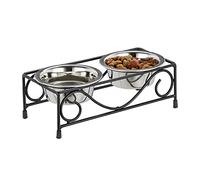 Relaxdays Set Ornate Iron Holder, Stand Dogs & Cats, 2 Stainless Steel Bowls, Pet Bar, Black/Silver, je 300 ml