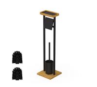 Relaxdays set, shelf, free-standing, HWD: 73.5x20x20 cm, 2 spare, toilet brush, black/natural, Plastic, Iron, Bamboo, 73.5 x 20 x 20 cm