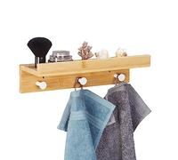 Relaxdays Shelf with 3 Hooks, Wall Mount, Bamboo, Hallway Coat Holder, Bathroom Towel Store, HxWxD: 10x36x12 cm, Natural, 10 x 36 x 12 cm