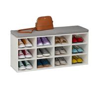 Relaxdays Shoe Bench, 12 Compartments, 49.5x104x31 cm, Padded Seat, for Hallway & Bedroom, Footwear Storage, White/Grey