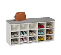 Relaxdays Shoe Bench, 15 Compartments, 50x105x30.5 cm, Padded Seat, for Hallway & Bedroom, Footwear Storage, White/Grey