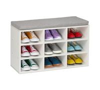 Relaxdays Shoe Bench, 9 Compartments, 49.5x80x31 cm, Padded Seat, for Hallway & Bedroom, Footwear Storage, White/Grey