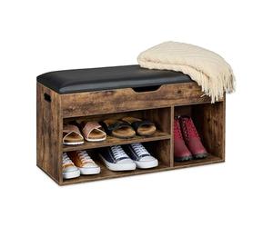 Relaxdays Shoe Bench, Footwear Rack with 3 Compartments, HWD: 46x80x30 cm, Upholstered Industrial Seat, Brown/Black, Plastic, Fibreboard