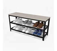 Relaxdays Shoe Bench for 8 Pairs, 45x100x30 cm, 2 Mesh Shelves, Wood-Look Seat, Light Brown/Black