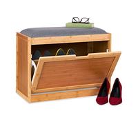 Relaxdays Shoe Bench with Large Seat, Slipper for Hallway, 2 Adjustable Shelves, Bamboo, 49 x 63 x 23.5cm, Natural/Grey
