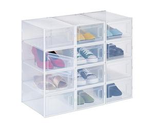 Relaxdays Shoe Boxes 12 Pack, Footwear Organiser, Stackable, Plug-in, up to Size 45, with Ventilation Slots, Transparent, 14.5 x 23 x 33.5 cm