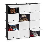 Relaxdays Shoe Cabinet, Storage with Doors, HWD: 125x125x32 cm, 24 Compartments, Plastic Shelving System, Black&White