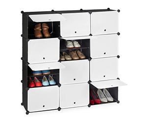 Relaxdays Shoe Cabinet, Storage with Doors, HWD: 125x125x32 cm, 24 Compartments, Plastic Shelving System, Black&White