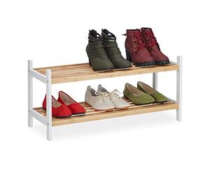 Relaxdays Shoe Rack, 2 Shelves, for 6 Pairs, Bamboo & Birch Wood, 33 x 70 x 26 cm, Footwear Storage, Natural/White