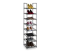 Relaxdays Shoe Rack, 8 Tiers, Narrow Metal Frame, Fabric Levels, Plug Together, Organise, Hallway Storage, Black/Grey, Fleece