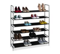 Relaxdays Shoe Rack, Metal Frame Fabric Material Shelves, 6 Levels, HxWxD: 108 x 100 x 28 cm, 1m Wide, Black/Transparent, Fleece
