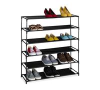 Relaxdays Shoe Rack, with 6 Levels, Metal Frame, Fabric, Plug Together, Organisation, Hallway Storage, Black, Fleece, 6 tier