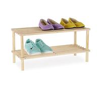 Relaxdays Shoe Rack, Wooden, Extra Storage Space, for 4 Pairs, 2 Levels, HxWxD: 29.5 x 63 x 26 cm, Pine Wood, Natural