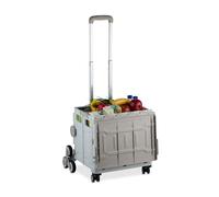 Relaxdays Shopping Trolley, Stair Climbing, Foldable, Up to 50kg, Telescopic Handle, Shopping Transport Cart, White/Grey