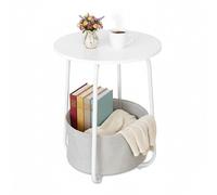 Relaxdays Side, Round Coffee Table with Fabric Basket, Size: 50 x 40 cm, MDF and Metal, White/Grey, Polyester, Fiberboard, Iron, 50 x 40 x 40 cm
