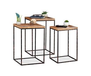 Relaxdays Side Set of 3, Mango Wood & Metal, Mixed Styles, Living Room Nesting Tables in Various Sizes, Brown/Black