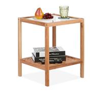 Relaxdays Side Table, Living Room with Glass Top, Walnut Wood, 50 x 40 x 40 cm, Bedside, Square Storage Board, Natural