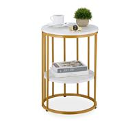 Relaxdays Side Table, Marble Effect, 2 Tiers, 57 x 40 cm, Living Room, Coffee Rest for Sofa, Metal & MDF, White/Gold