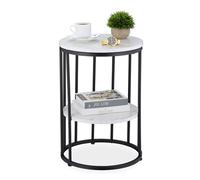 Relaxdays Side Table, Marble Effect, 2 Tiers, 57 x 40 cm, Living Room, Coffee Rest for Sofa, Metal & MDF, White/Black