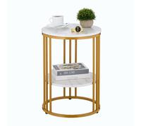 Relaxdays Side Table, Marble Effect, 2 Tiers, HxD: 56 x 40 cm, Living Room, Coffee Rest for Sofa, Decor, White/Gold