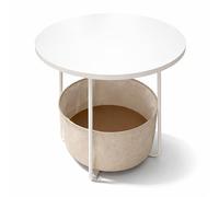 Relaxdays side table, round, with fabric basket, H x D 50 x 45 cm, living room coffee table, MDF & metal, white-beige