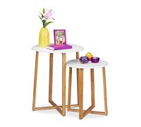 Relaxdays Side Table, Set of 2,Round Coffee Tables, 48.5 & 60.5 cm Tall, Modern Design, Living Room, Natural/White