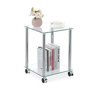 Relaxdays Side Table, Two Shelves, H x W x D: Approx. 46 x 34 x 34 cm, Glass and Steel, Transparent/Silver