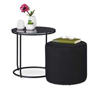 Relaxdays Side Table with Stool, Round Coffee Counter with Stool, Space-saving, Glass & Metal, HxD: 40 x 40 cm, Black