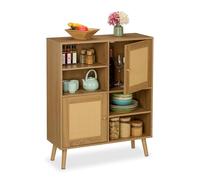 Relaxdays Sideboard, 2 Rattan Doors, 4 Shelves, 2 Compartments, 97x80x29 cm, Living Room & Kitchen Cabinet, Natural