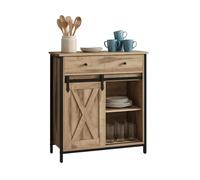 Relaxdays sideboard with sliding door, HWD: 80×70×30cm, 4 shelves, kitchen & living room cabinet, natural/black