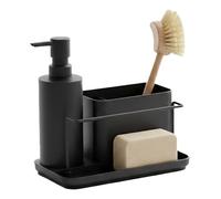 Relaxdays sink organiser, with soap dispenser & sponge holder, H x W x D: 19 x 21 x 12 cm, iron, black