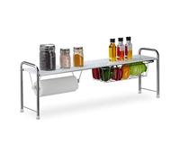 Relaxdays Sink Shelf with Kitchen Roll Holder, Organiser Stand with Basket, Metal, HxWxD: 32 x 94 x 23 cm, White/Silver