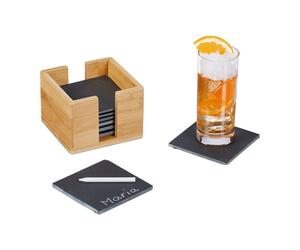 Relaxdays Slate Coaster Set of 8 Bamboo Box