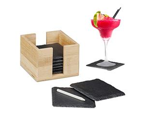 Relaxdays Slate Coaster Set of 8, Glass Pads with Bamboo Box, Chalk for Labelling, Square, 10x10 cm, Natural