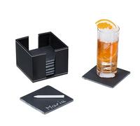 Relaxdays Slate Coaster, Set of 8, with PU-Leather Box, Drink Holder, 10 x 10 cm, Household Decor, for Glass, Anthracite, 8.5 x 11.5 x 11.5 cm