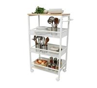 Relaxdays Slim Niche Trolley, 4-Tier Rolling Metal Shelf for Bathroom & Kitchen, 77x22x45 cm, Natural/White