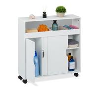 Relaxdays Slim Rolling Cabinet, 3 Compartments, 2 Shelves, 71x70x20 cm, Bathroom and Kitchen Storage Trolley, MDF, White, Plastic, Fibreboard