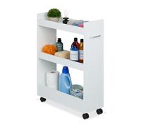 Relaxdays Slim Rolling Cart, 3 Shelves, HWD: 78 x 21.5 x 63 cm, Storage for Bathroom and Kitchen, Narrow Trolley, White, Plastic, Fibreboard, Steel