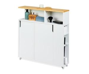 Relaxdays Slim Rolling Cart, Toilet Brush Holder, 79x17x75 cm, Bathroom Storage Trolley, MDF, Bamboo, White/Natural, Fibreboard, Plastic