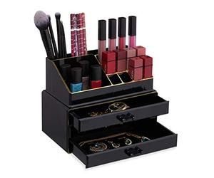 Relaxdays Small Makeup Organizer, 2-Piece Cosmetics Storage with Drawers, Stackable Makeup Shelf, Black/Gold