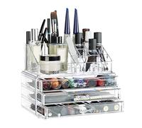 Relaxdays Small Organizer, 2-Piece Cosmetics Storage with Drawers, Stackable Makeup Shelf, Transparent, 14 x 23.5 x 19 cm