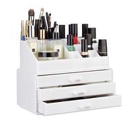 Relaxdays Small Organizer, 2-Piece Cosmetics Storage with Drawers, Stackable Makeup Shelf, White, 14 x 23.5 x 19 cm