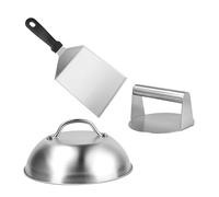 Relaxdays Smash Burger Set of 3 Hamburger Press with Melting Bell and Spatula, Stainless Steel, Silver